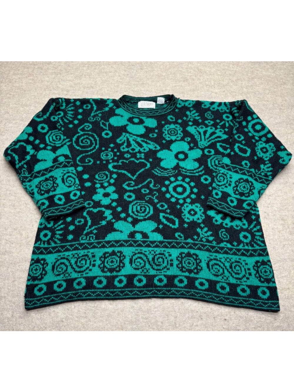 Vintage 80's Steffano World Wide Green & Black Floral Crewneck Sweater OS